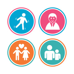 Businessman person icon. Group of people symbol. Man love Woman or Lovers sign. Caution slippery. Colored circle buttons. Vector