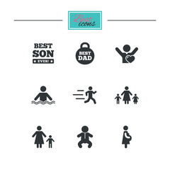 People, family icons. Swimming, baby and pregnant woman signs. Best dad, runner and fan symbols. Black flat icons. Classic design. Vector