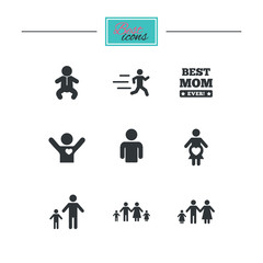 People, family icons. Maternity, person and baby signs. Best mom, father and mother symbols. Black flat icons. Classic design. Vector