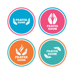 Prayer room icons. Religion priest faith symbols. Pray with hands. Colored circle buttons. Vector