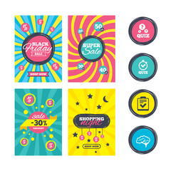 Obraz premium Sale website banner templates. Quiz icons. Human brain think. Checklist and stopwatch timer symbol. Survey poll or questionnaire feedback form sign. Ads promotional material. Vector