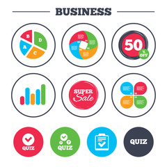 Business pie chart. Growth graph. Quiz icons. Checklist with check mark symbol. Survey poll or questionnaire feedback form sign. Super sale and discount buttons. Vector