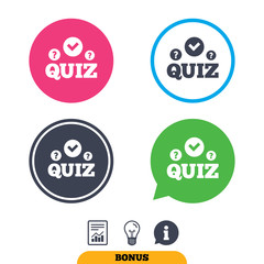 Quiz with check and question marks sign icon. Questions and answers game symbol. Report document, information sign and light bulb icons. Vector