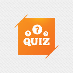 Quiz with question marks sign icon. Questions and answers game symbol. Orange square label on pattern. Vector