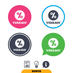 Verkauf - Sale in German sign icon. Star with percentage symbol. Report document, information sign and light bulb icons. Vector