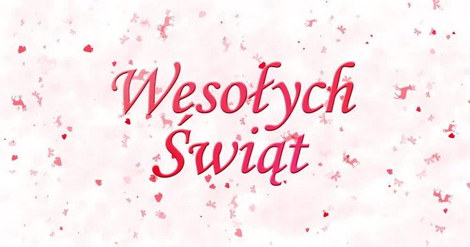 Merry Christmas text in Polish "Wesolych Swiat" formed from dust and turns to dust horizontally on white animated background
