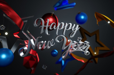 Happy New Year Text Ornament Glass Stars on Dark Background 3D R