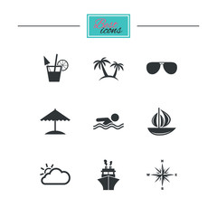 Cruise trip, ship and yacht icons. Travel, cocktails and palm trees signs. Sunglasses, windrose and swimming symbols. Black flat icons. Classic design. Vector