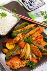 Chicken and Rice with Vegetable Spicy Sesame Teriyaki Wok Sauce. Selective focus.