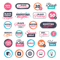 Obraz premium Sale shopping stickers and banners. Social media icons. Chat speech bubble and world globe symbols. Hipster photo camera sign. Photo frames. Website badges. Black friday. Vector