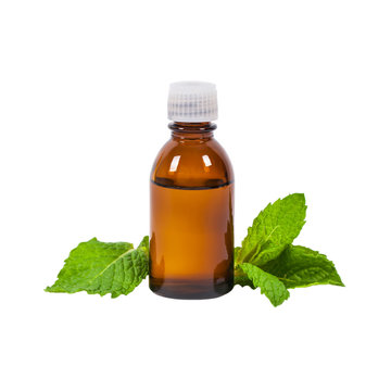Bottle of Mint Oil and Fresh Mint Isolated on white. Selective focus.
