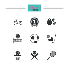 Sport games, fitness icons. Football, basketball and tennis signs. Golf, bike and winner medal symbols. Black flat icons. Classic design. Vector