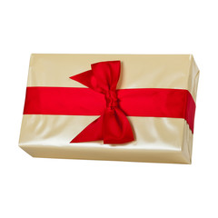Christmas Gift Box with red ribbon bow, isolated on white. Selective focus.