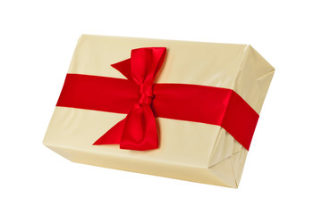 Christmas Gift Box with red ribbon bow, isolated on white. Selective focus.