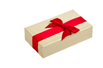 Christmas Gift Box with red ribbon bow, isolated on white. Selective focus.