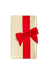 Christmas Gift Box with red ribbon bow, isolated on white. Selective focus.