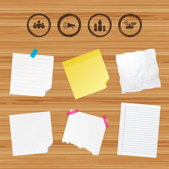 Business paper banners with notes. Strike group of people icon. Megaphone loudspeaker sign. Election or voting symbol. Hands raised up. Sticky colorful tape. Vector