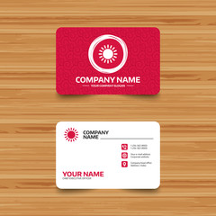 Fototapeta premium Business card template with texture. Sun icon. Sunlight summer symbol. Hot weather sign. Phone, web and location icons. Visiting card Vector