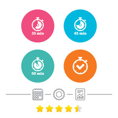 Timer icons. 35, 45 and 50 minutes stopwatch symbols. Check or Tick mark. Calendar, cogwheel and report linear icons. Star vote ranking. Vector