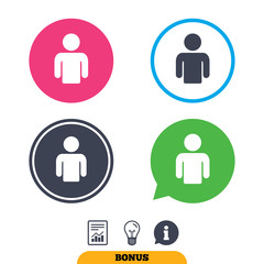 Fototapeta premium User sign icon. Person symbol. Human avatar. Report document, information sign and light bulb icons. Vector