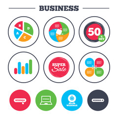 Business pie chart. Growth graph. Webinar icons. Web camera and notebook pc signs. Website e-learning or online study symbols. Super sale and discount buttons. Vector