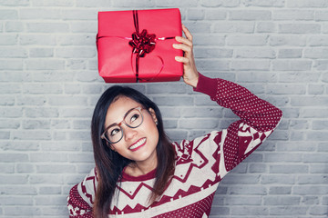 Asian women are happy to receive a gift box in the festival