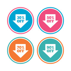 Sale arrow tag icons. Discount special offer symbols. 30%, 50%, 70% and 90% percent off signs. Colored circle buttons. Vector