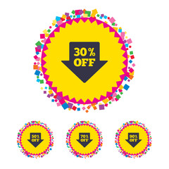 Web buttons with confetti pieces. Sale arrow tag icons. Discount special offer symbols. 30%, 50%, 70% and 90% percent off signs. Bright stylish design. Vector