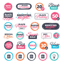 Obraz premium Sale shopping stickers and banners. Sale bag tag icons. Discount special offer symbols. 50%, 60%, 70% and 80% percent sale signs. Website badges. Black friday. Vector