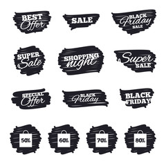 Ink brush sale stripes and banners. Sale bag tag icons. Discount special offer symbols. 50%, 60%, 70% and 80% percent discount signs. Black friday. Ink stroke. Vector