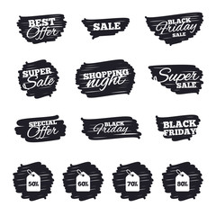 Ink brush sale stripes and banners. Sale price tag icons. Discount special offer symbols. 50%, 60%, 70% and 80% percent discount signs. Black friday. Ink stroke. Vector
