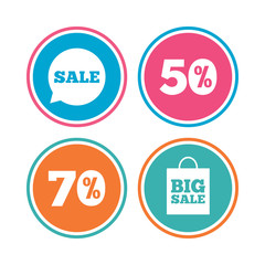 Sale speech bubble icon. 50% and 70% percent discount symbols. Big sale shopping bag sign. Colored circle buttons. Vector