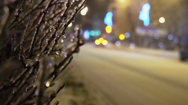 Cars stands in traffic jam because of the freezing rain