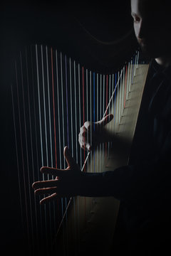 Harp player Irish harpist hands playing strings