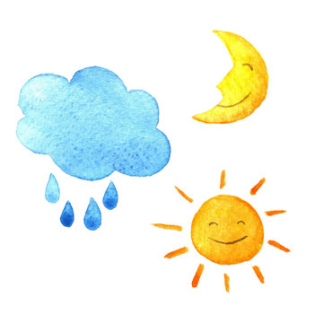 Weather watercolor set of icons. Cute smiling sun, moon, star, drops, and cloud. hand painted illustration.