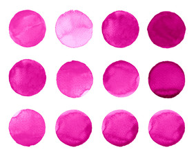 Set of colorful watercolor hand painted circle isolated on white. Illustration for artistic design. Round stains, blobs lavender color
