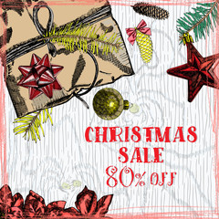 Christmas sale 80 percent off poster, holiday discounts design concept.