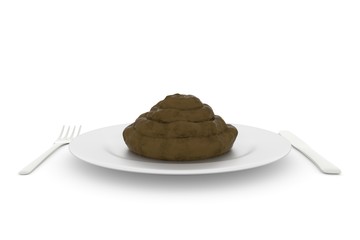 a 3D render of a pile of poo being served on a plate on a white background.