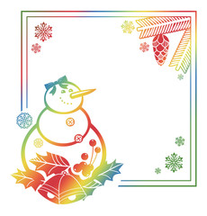 Gradient frame with funny snowman, holly berries and pine cones silhouettes. 