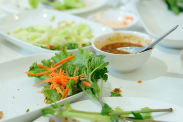 Tableware after meal, waste food on table.