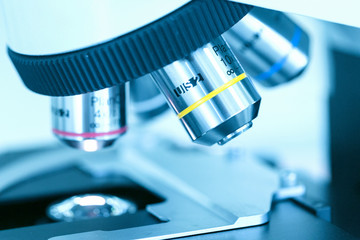 Close-up of medical equipment. microscope. Background