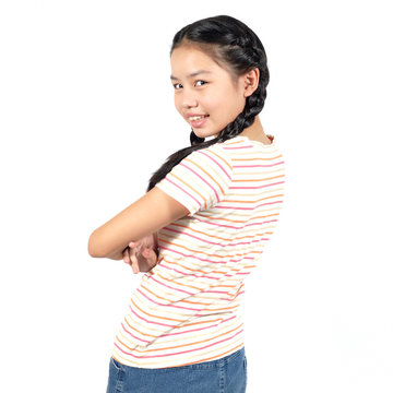 12 Years old Asian girl  post profile on white background.