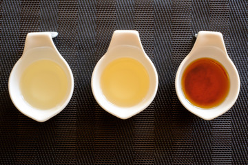 Sesame oil, macadamia oil, golden flax seed oil from right.