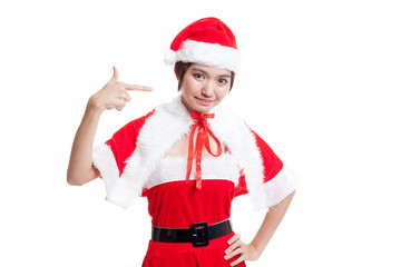 Asian Christmas Santa Claus girl  point to blank space.