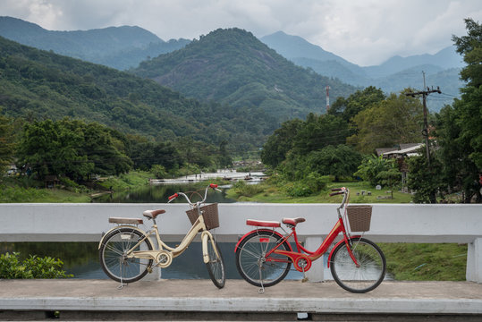 The bike and beautiful landscape of Kiriwong village located at Kamlonsubdistrict, Laan Saka district, Nakhon Si Thammarat province. 