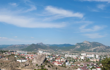 Fototapeta na wymiar panoramic top view of township Sudak and mountains, Crimea 