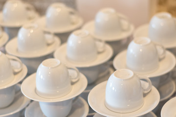 Fototapeta na wymiar many white empty coffee cup preparation for coffee break of wedd