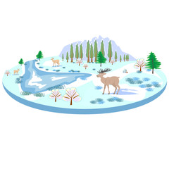 Isometric winter landscape with deer, trees, river
