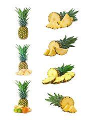 Set of pineapple fruits with cut isolated on white background.
