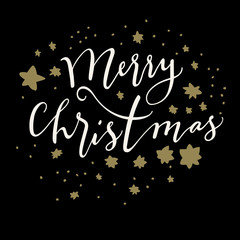 Fototapeta na wymiar Merry Christmas calligraphic card with stars on black background